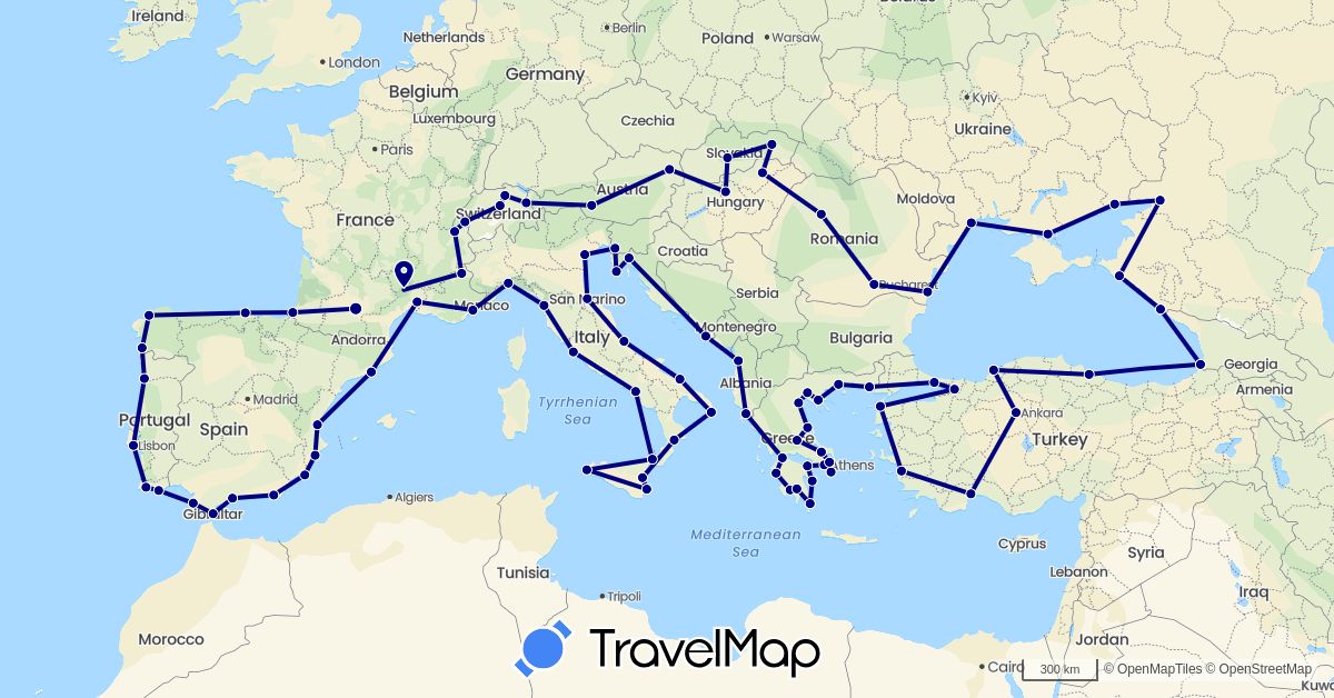 TravelMap itinerary: driving in Albania, Austria, Switzerland, Spain, France, Georgia, Gibraltar, Greece, Croatia, Hungary, Italy, Liechtenstein, Portugal, Romania, Russia, Slovakia, San Marino, Turkey, Ukraine (Asia, Europe)